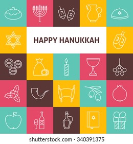 Line Art Happy Hanukkah Jewish Holiday Icons Set. Vector Collection of 25 Modern Line Icons for Web and Mobile. Israel Traditional Bundle