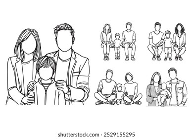 Line Art Happy Little Family Photo Art Black and White Illustration Hand Drawn Clipart