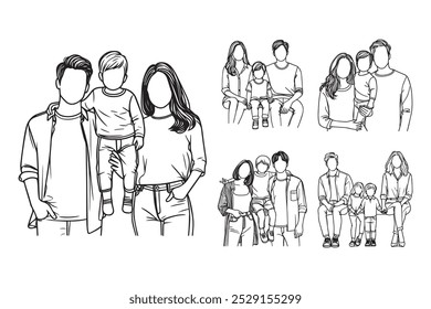 Line Art Happy Little Family Photo Art Black and White Illustration Hand Drawn Clipart