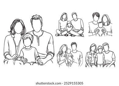 Line Art Happy Little Family Photo Art Black and White Illustration Hand Drawn Clipart