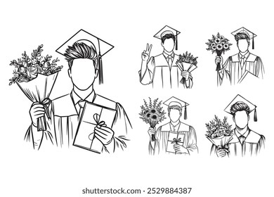 Line Art Happy Man Celebrate Graduate Bring Bouquet Photo Art Black and White Illustration Hand Drawn Clipart