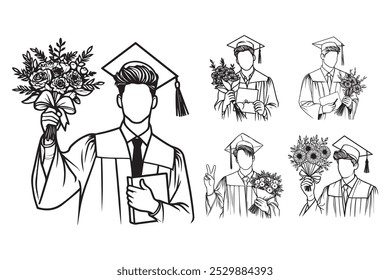 Line Art Happy Man Celebrate Graduate Bring Bouquet Photo Art Black and White Illustration Hand Drawn Clipart