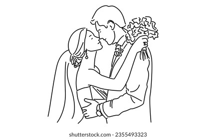 line art of happy married man and woman. Romantic young wedding couple