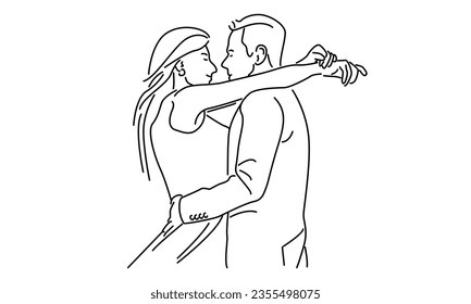 line art of happy married man and woman. Romantic young wedding couple