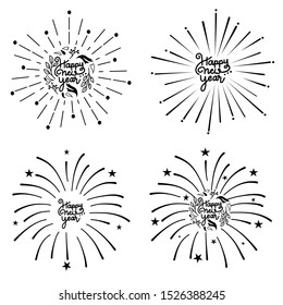Line Art Happy New Year 2020 Lettering with Fireworks Doodle Collection. Hand Drawn Flat Vector Illustration.