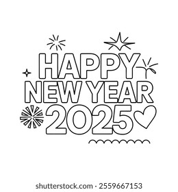 A line art happy new year 2025 of a coloring page 