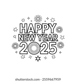 A line art happy new year 2025 of a coloring page
