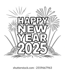 A line art happy new year 2025 of a coloring page