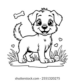 Line art of happy puppy standing coloring page on white background