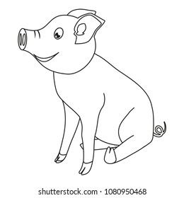 Line art happy sitting pig side view. 2019 year chinese symbol. Farm animal vector illustration for icon, sticker sign, patch, certificate badge, gift card, label, poster, web banner, flayer