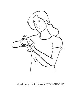 mujer feliz de arte de línea sosteniendo la mano con ilustración de reloj de pulsera dibujada a mano aislada en fondo blanco