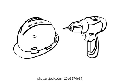 Line art of hard hat and power drill - minimalist construction and tool vector illustration