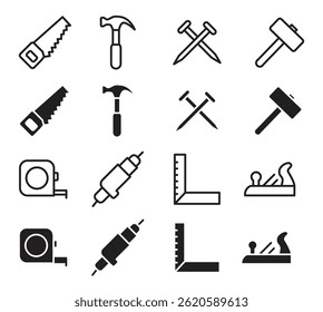 Line Art Hardware Ferramentas Ícone Set: Martelo, chave de fenda, chave de fenda e mais