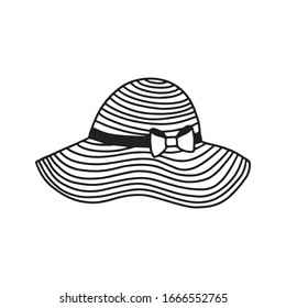 Line Art Hat Illustration. Summer Sun Protection. Woman's  Hat. Single Icon, Pictogram. Doodle Vector Art Isolated On White Background. Outline. 