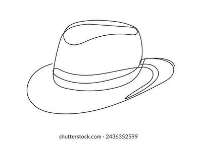 Line Art Hat Sketch. Continuous Line Art Hat Silhouette Illustration. Editable Vector Outline Drawn. Vintage Classic Fashion Concept. Simple One Line Curve Drawn Icon On White. 