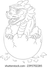 Line art of hatched wooden dragon with paws in egg. Vector illustration of a wooden little dragon hatched from an egg. Baby dragon in an egg with paws, small horns, teeth, whiskers, horny scales