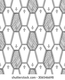 Line art and hatching black and white background with coffins for Halloween decoration.