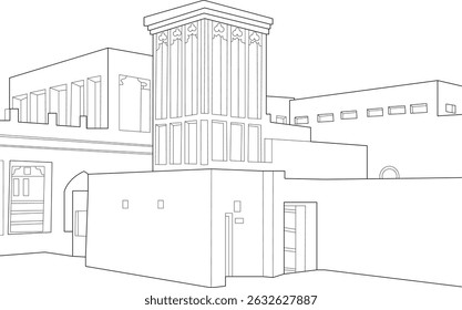 Line Art of Hatta Heritage Village Architecture in Dubai, ilustração detalhada do desenho da linha mostrando a arquitetura tradicional e uma torre eólica (Barjeel) no Hatta Heritage Village em Dubai, United
