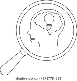 Line art of a head with a brain and lightbulb inside seen through a magnifying glass