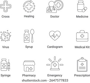 Line-Art Ícones de Saúde. Incluir processo de cura, médico, medicamento, vírus, xarope, cardiograma,
kit médico, seringa, farmácia, emergência. Ícones de linha de conceitos médicos