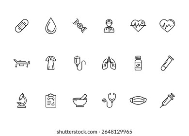 Line art healthcare icons set including medical symbols like a bandage, syringe, stethoscope