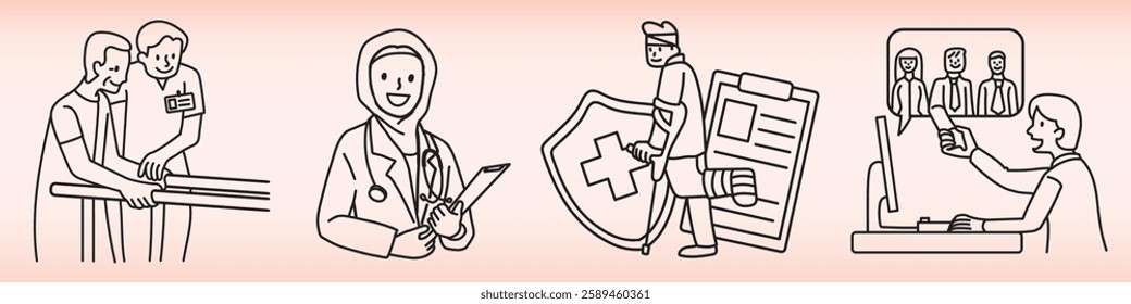 Line art of healthcare scenes: physical therapy, female doctor, medical records, telemedicine. Diverse healthcare professionals in various medical roles. Doodle element vector set.