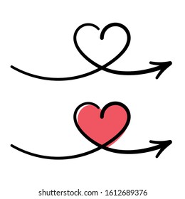 Line art heart with arrow icon. Doodle style.  Vector illustration.