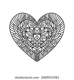 Line art heart greeting card Valentine's Day holiday. Zentangle coloring page book for kids and adult. Hand drawn heart as symbol of love. Design for t-shirt, poster or tattoo. Vector illustration