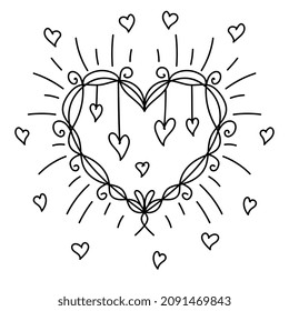 Line art heart greeting card Valentine's Day, Mother's Day, Women's Day holiday. Hand drawn heart as symbol of love. Design for t-shirt, poster or tattoo. Vector illustration