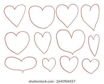 Elemento De Contorno Do Coração Da Arte Da Linha. Uma coleção encantadora de doze contornos de coração desenhados à mão em vários estilos, de caroço a estreito e abstrato. Perfeito para o amor temático projetos adesivos cartões embalagem