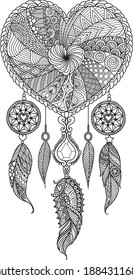 Line art heart shape dream catcher for coloring book, coloring page, engraving and design element. Vector illustration.