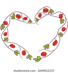 Line art heart shape frame with leaves and red buds; can be printed on greetings; labels;