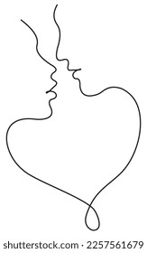 line art heart shape, man and woman faces, passion valentine, couple silhouette