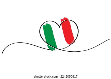 Line art of heart symbol with Italian flag. Vector art. Minimalist art design. Isolated graphics. Nationalism. Italy. Italian republic is a country in Europe.