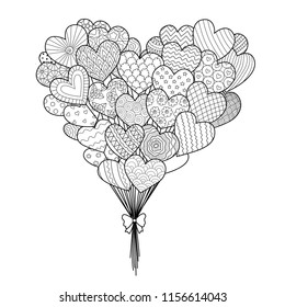 Line art of hearted shape balloons for design element and coloring book page with Valentines or wedding theme. Vector illustration