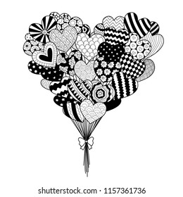 Line art of hearted shape balloons for design element and coloring book page with Valentines or wedding theme. Vector illustration