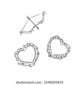 Line art. Hearts and bow with arrow in line art style.