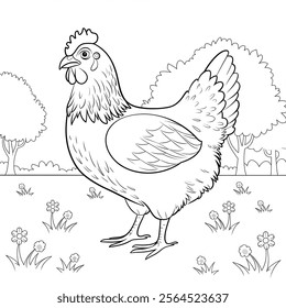 A line art hen illustration of a coloring page 