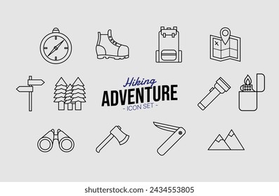 Line Art Hiking Adventure Icon Vector Set