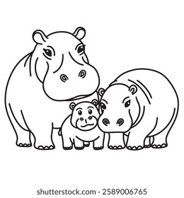 line art of hipopotamus family cartoon vector