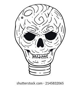 Line art in hippie style. Psychedelic contour drawings. Templates for coloring books, tattoos, stickers, prints. Trendy black and white vector illustration with a skull in the form of a lamp.