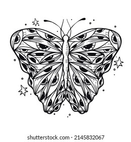 Line art in hippie style. Psychedelic contour drawings. Templates for coloring books, tattoos, stickers, prints. Trendy black and white vector illustrations with butterfly, eyes, stars.