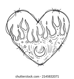 Line art in hippie style. Psychedelic contour drawings. Templates for coloring books, tattoos, stickers, prints. Trendy black and white vector illustrations with heart, wire, fire and crescent moon.
