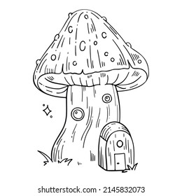 Line art in hippie style. Psychedelic contour drawings. Templates for coloring books, tattoos, stickers, prints. Trendy black and white vector illustrations with mushroom house, windows, doors.