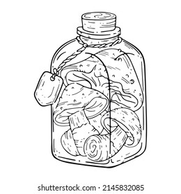 Arte de línea al estilo hippie. Dibujos de contorno psicodélico. Plantillas para colorear libros, tatuajes, pegatinas, impresiones. Ilustraciones vectoriales modernas en blanco y negro con botellas mágicas, corcho y setas.