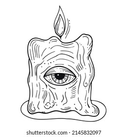 Line art in hippie style. Psychedelic contour drawings. Templates for coloring books, tattoos, stickers, prints. Trendy black and white vector illustration with a candle and an eye.