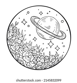 Line art in hippie style. Psychedelic contour drawings. Templates for coloring books, tattoos, stickers, prints. Trendy black and white vector illustrations with flowers, stars, planet with disk.