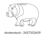 Line Art Hippo Animal Hand Drawn Illustration Isolated On White Background. Kids Coloring Book Page Theme. Curve Flexible Editable One Continuous Line Hippopotamus Line Art Drawing Contour Silhouette