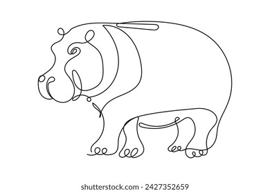 Line Art Hippo Animal Hand Drawn Illustration Isolated On White Background. Kids Coloring Book Page Theme. Curve Flexible Editable One Continuous Line Hippopotamus Line Art Drawing Contour Silhouette