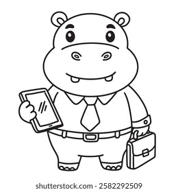 Line art of hippo businessman cartoon holding tablet and bag vector